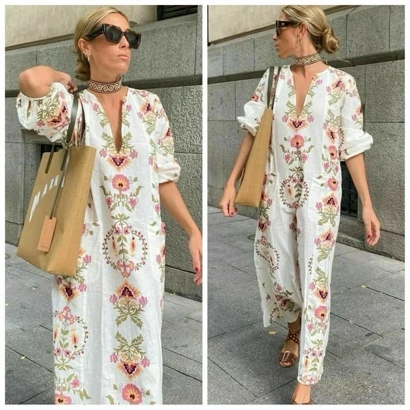 Zara Floral Kaftan Dress Print Midi Linen Cotton Blend XL - Picture 1 of 6